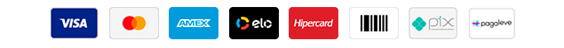 Formas de pagamento: Visa, Mastercard, American Express, Elo, Hipercard, boleto, Pix e Pagaleve